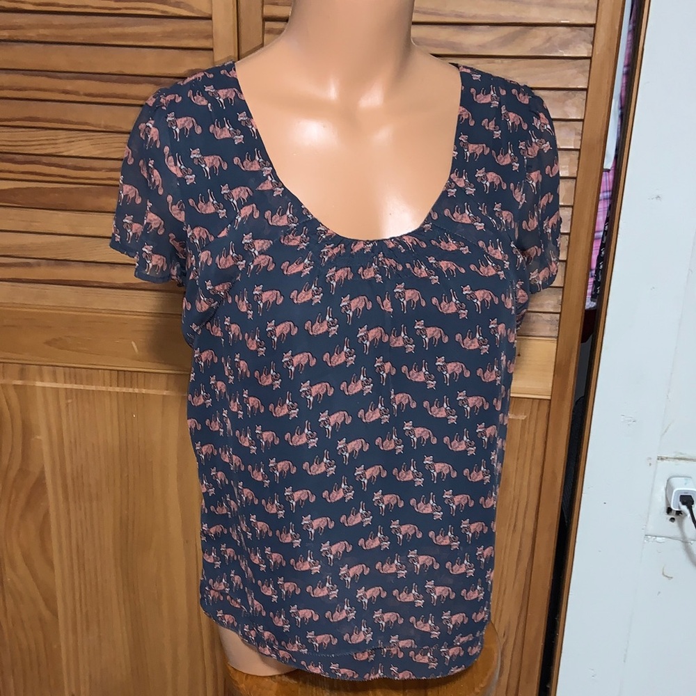 Charlotte Russe, navy blue and orange foxes Print Top chiffon fully lined small